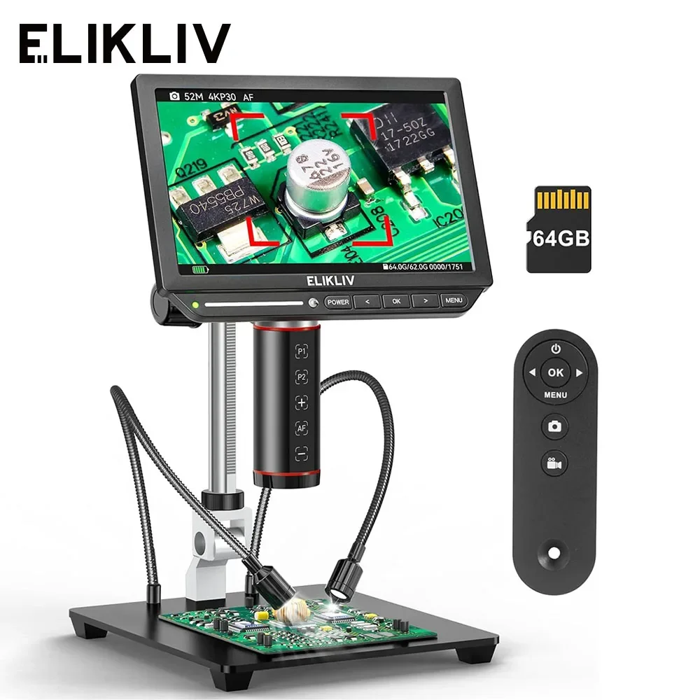 Elikliv EM4K-AF Microscopio digitale 4K con messa a fuoco automatica Microscopio per saldatura HDMI 2000x per riparazioni elettroniche Amplificatore per monete da 8 Supporto da 10