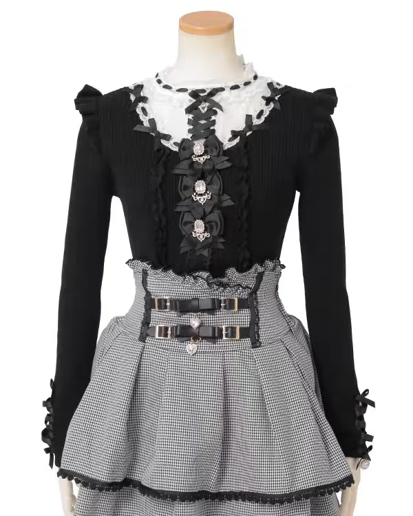 

Свитер в стиле Лолита с кружевными вставками, вязаный, базовый слой, из полиэфирного волокна, с мультяшным принтом, украшенный стразами и жемчугом