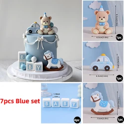 Cake Toppers Blue & Pink Bear BABY Blocks Building Blocks Car Trojan Horse for Boy Girl Baby Shower Birthday Party Decoration