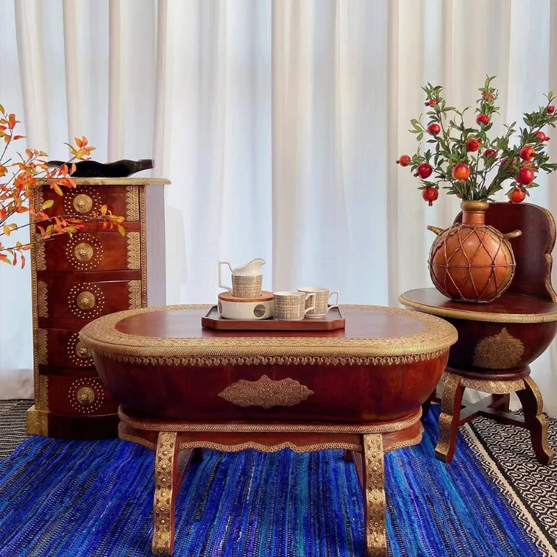 Solid wood clad copper handmade oval coffee table