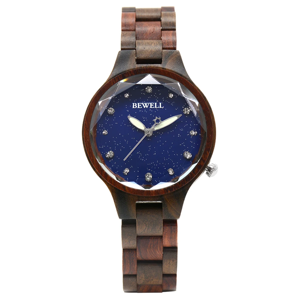 Ladies Natural Wood Wristwatch Starry Sky Dial Stainless Steel Buckle Dual Display Japanese Quartz Casual Watch
