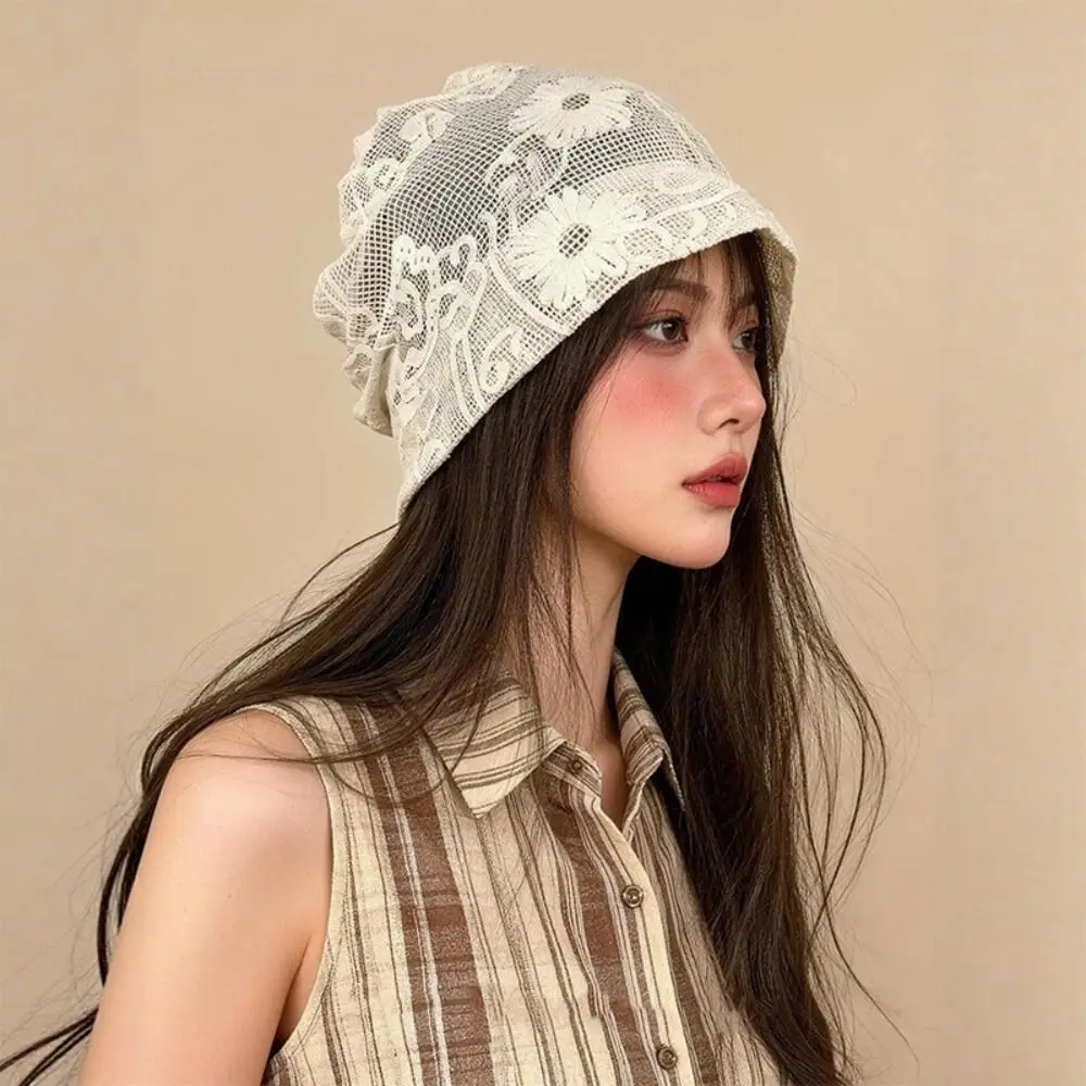

Embroidered Crochet Flower Lace Hat Breathable Spicy Girl Hollow Out Beanies Korean Style Thin Weave Knitted Cap Spring Summer