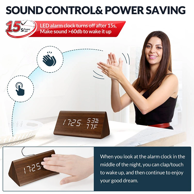 خشبية ساعة رقمية LED ساعة تنبيه مع درجة الحرارة والرطوبة مكتب الديكور USB/AAA الساعات الإلكترونية ديكور للطاولات المنزل