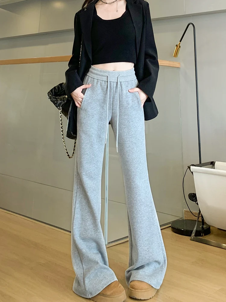 Grey Wide Leg Pants Casual Micro Flared Straight Drapey Sporty Sweatpants High Waist Long Commute Style Women's Fashion