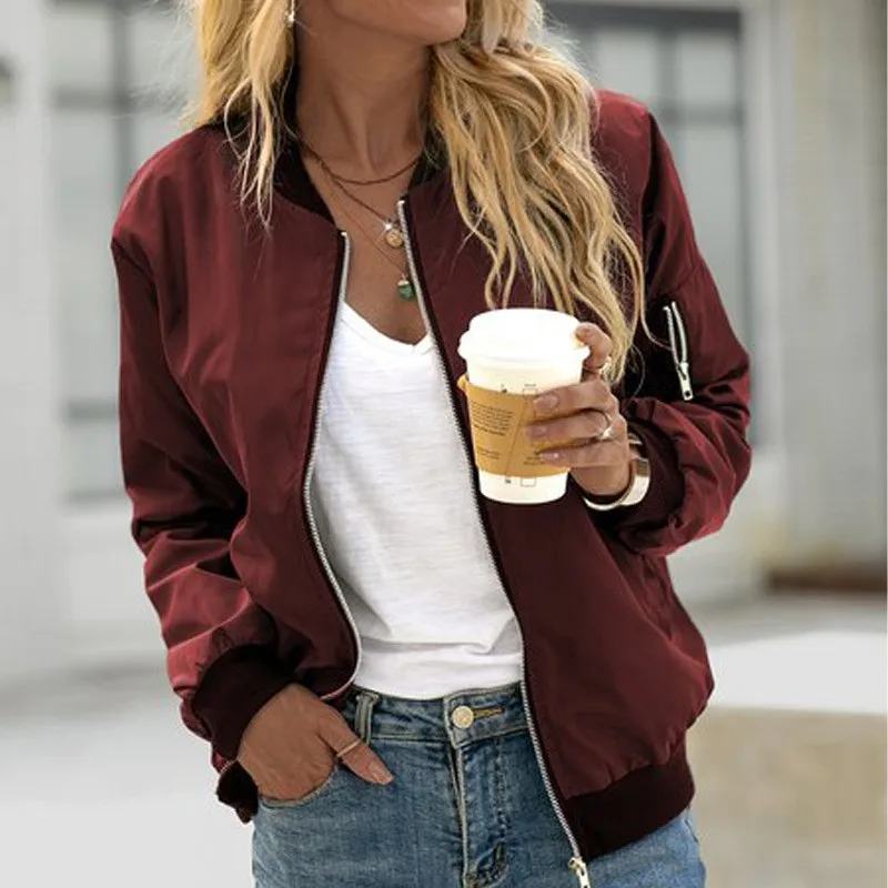 Women's Elegant Medium Weight V Neck Long Sleeve Slim Fit Solid Color Zipper Front Jacket with Ribbed Cuffs for Female Outdoor