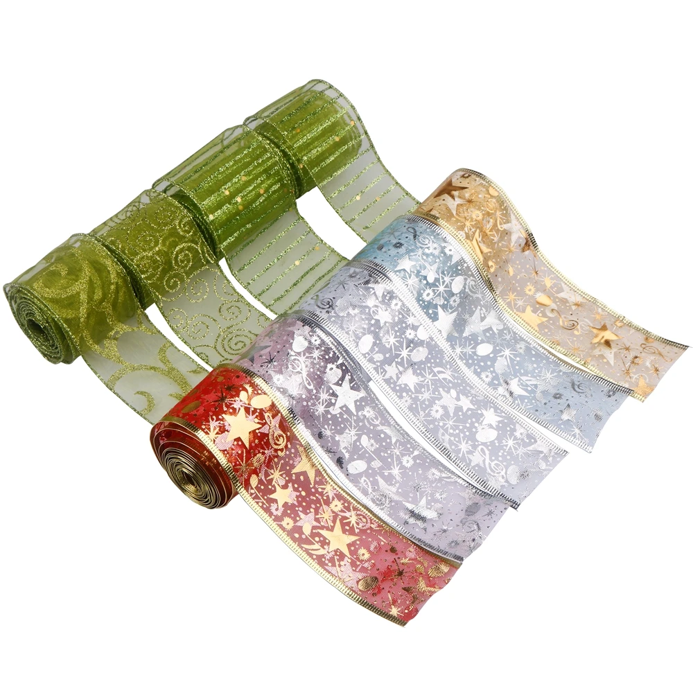 Christmas Double Face Bronzing Printed Decorative Mesh Ribbon,Star Moon Note Nylon/Metallic Wire Edge Gauze DIY Gift Webbing