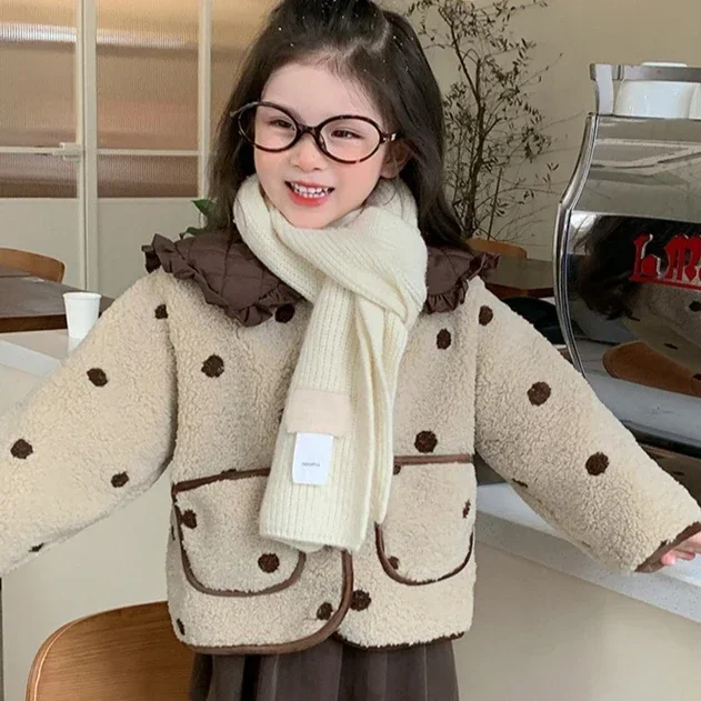 Girls Coat 2026 Autumn and Winter New Children Clothing Korean Style Baby Fashion Thick Hair Polka Dot Woolen Coat Simple Daily