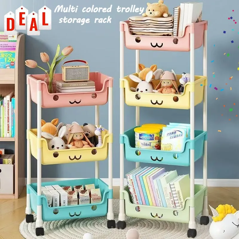 

Multi colored macaron kitchen, living room, small cart, floor standing storage rack, books, snacks, movable sorting rack