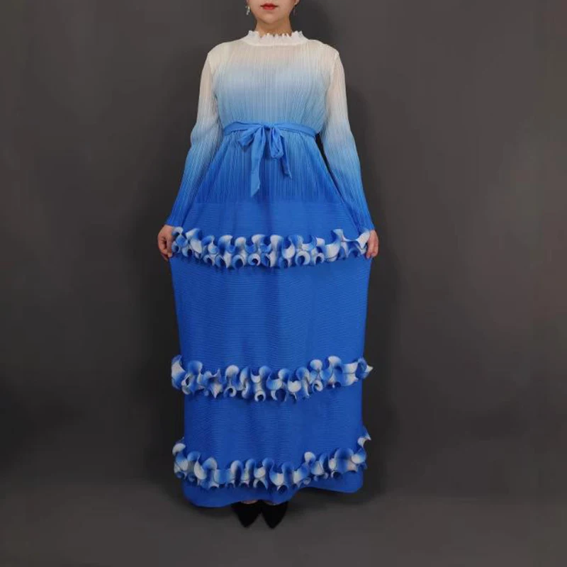 ALSEY 三宅 2025 夏の新ハイエンドグラデーションフリルプリーツドレス女性の伸縮性のあるルーズ長袖ネクタイプリーツ服