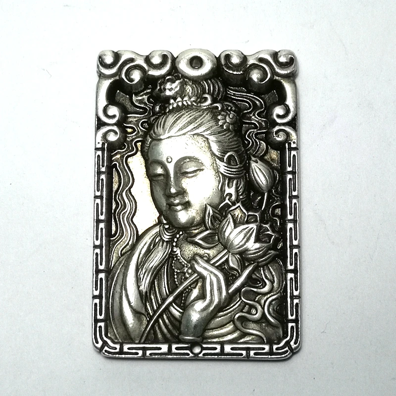 

1919 Antique art Size 2.8 Inch Old Chinese Tibet Silver Carvings Kwan-yin Avalokitesvara Statue necklace Pendant Collection