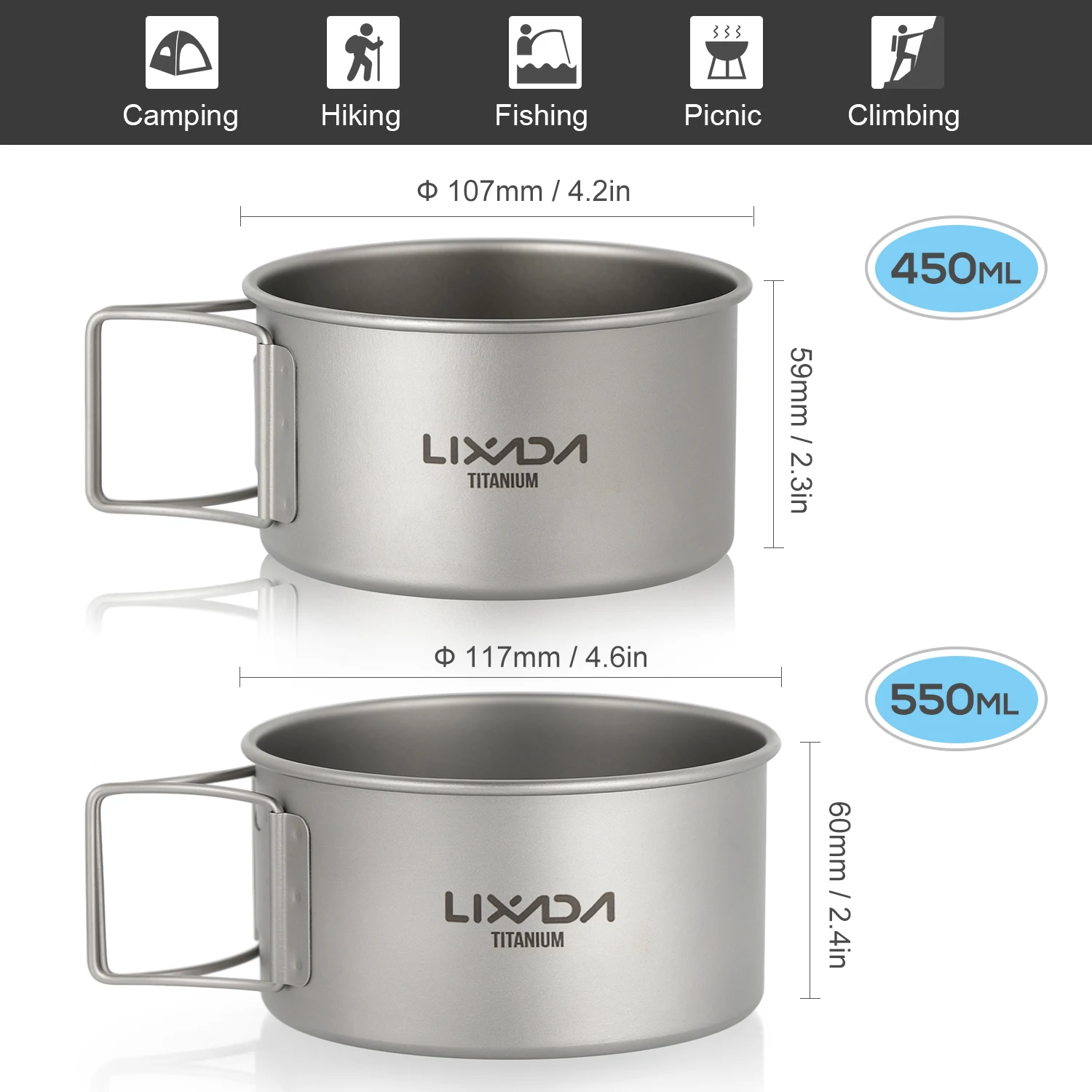 Lixada Titanium Bowl Camping Tableware with Folding Handles Dinner Food Container Outdoor Bowl for Outdoor Camping Hiking - view 6