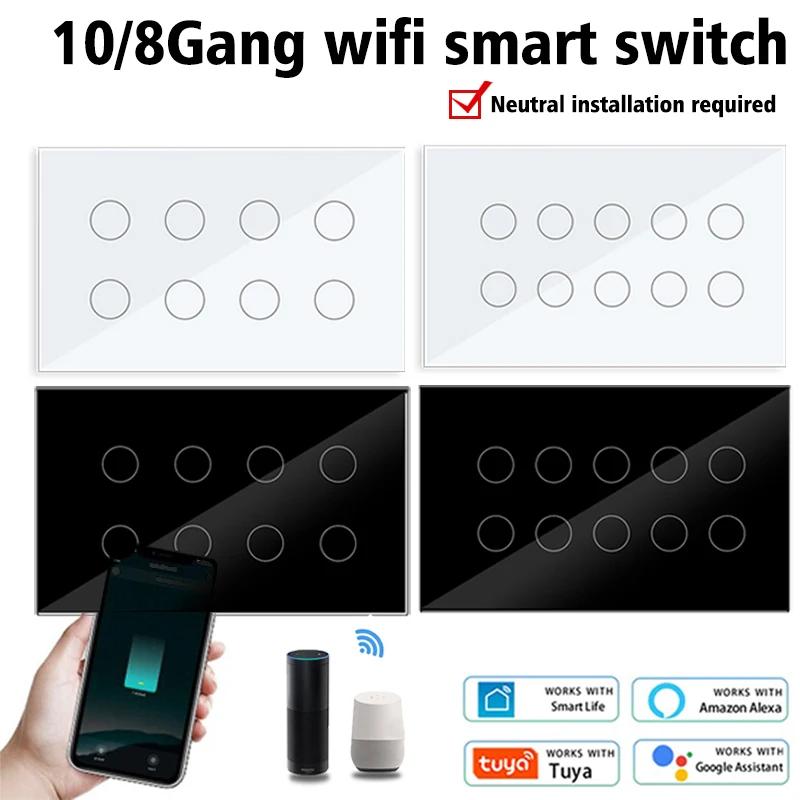 

Tuya Wifi Smart Touch Light Wall Switch Glass Panel 8/10 Gang Tuya App Compatible with Alexa Google Home whole house control