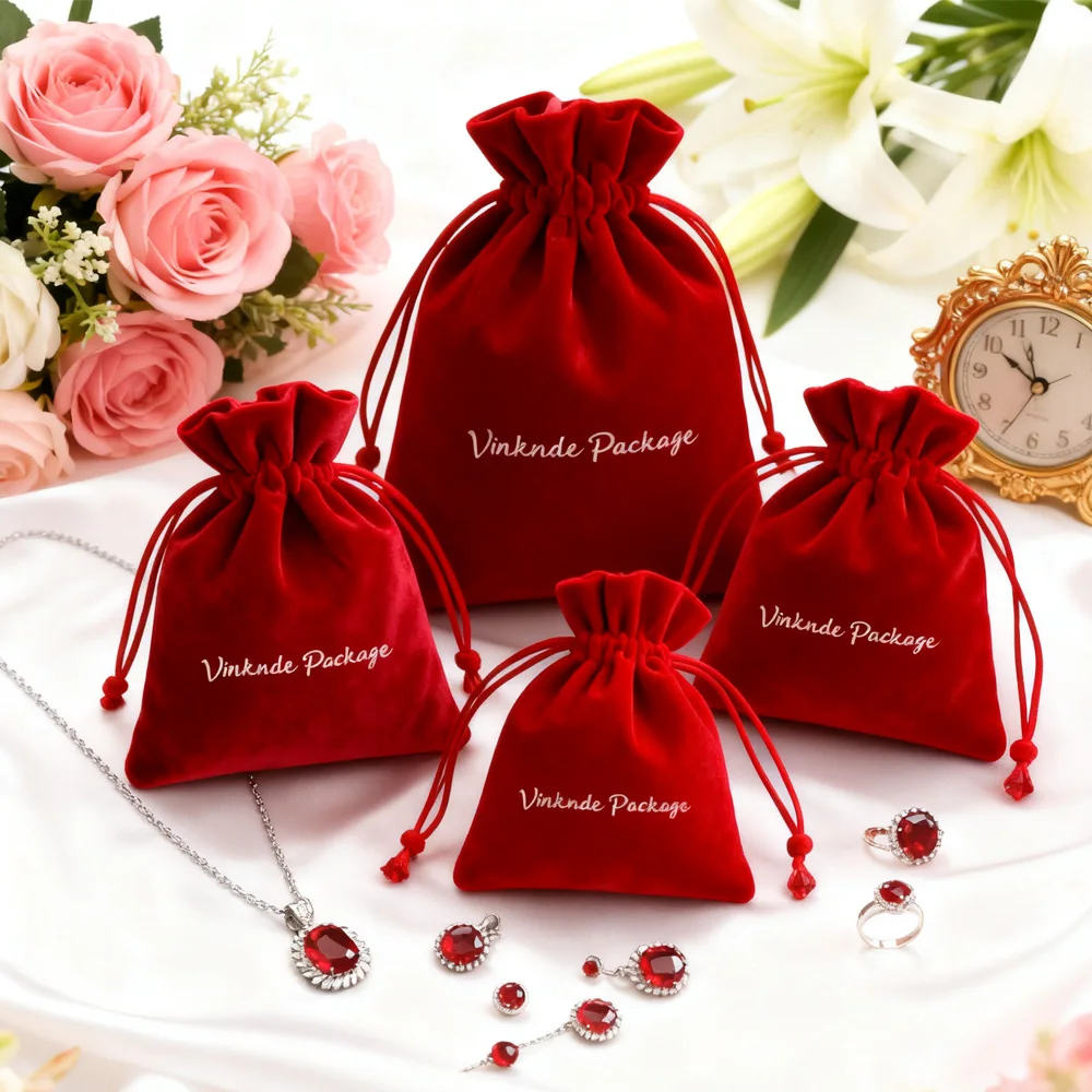 

100pcs DIY Custom Logo Red Velvet Jewelry Organizer Gift Small Bag Drawstring Packaging Storage Pouch Wedding Favors Candy Bags