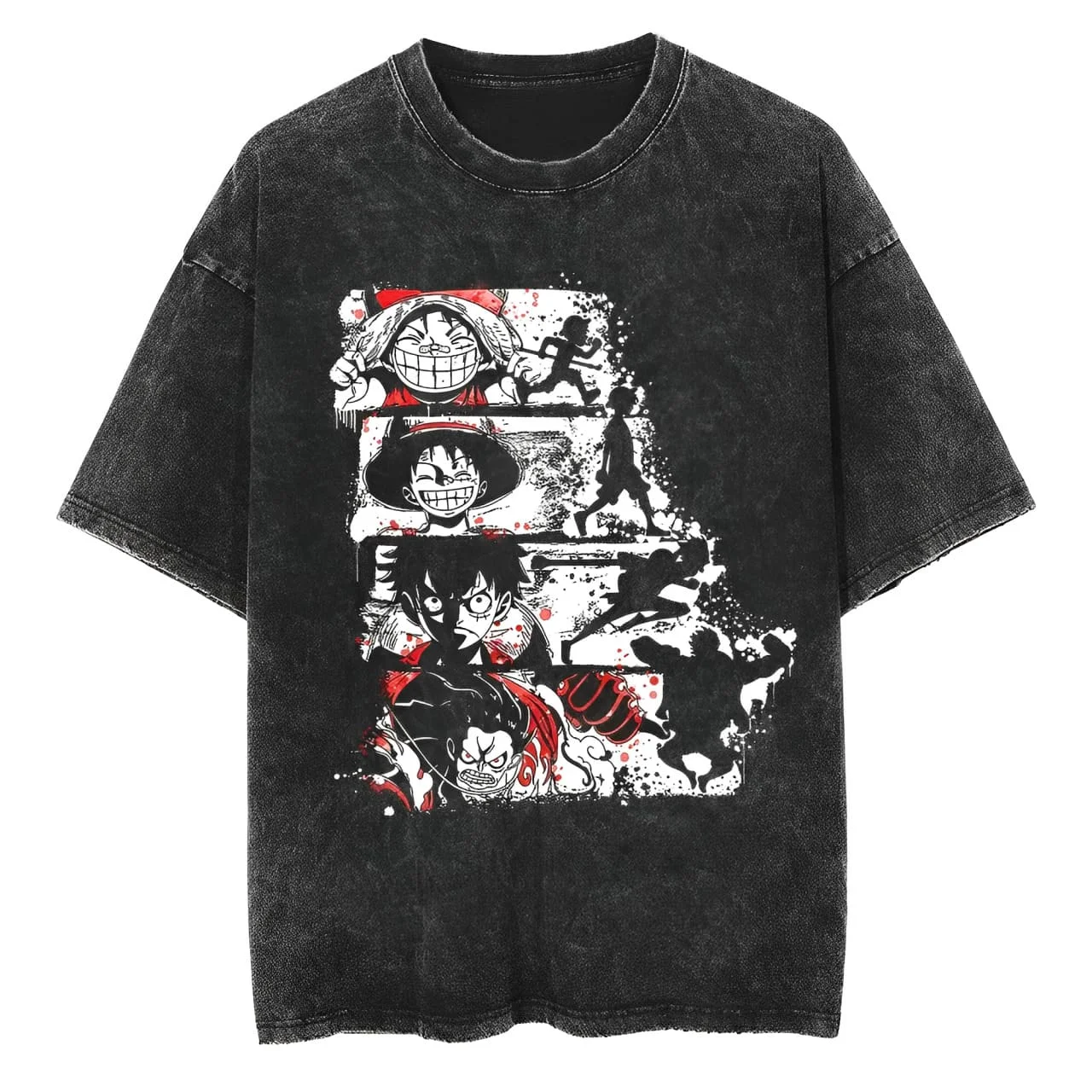 Camiseta One Piece Luffy Evolution Gear 2 3 4 Vintage Acid Wash Streetwear Oversized Retro Anime Gráfico Algodón Hombre