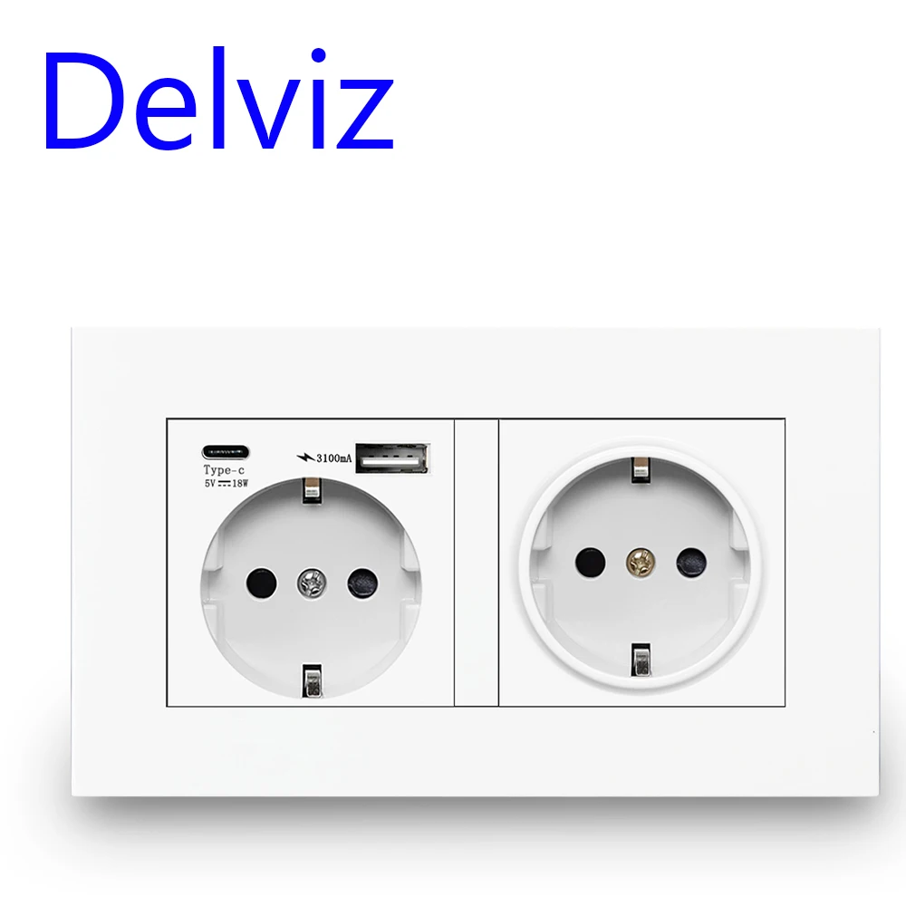 Delviz Wall USB Double Socket, White quality plastic panel, 5V 2100mA With usb Ports,146MM*86MM, EU Standard type C Power Outlet