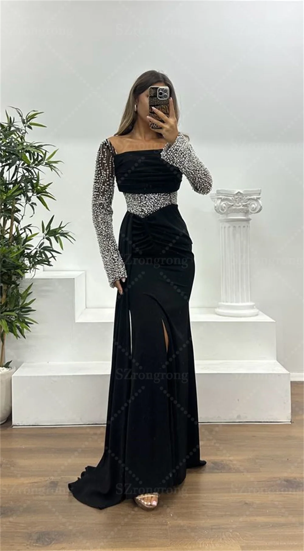 Nach Maß Luxus Quadrat Kragen Langarm Perlen Perlen Abendkleid Backless Maxi Länge Seite Schlitz Abendkleid Vestidos