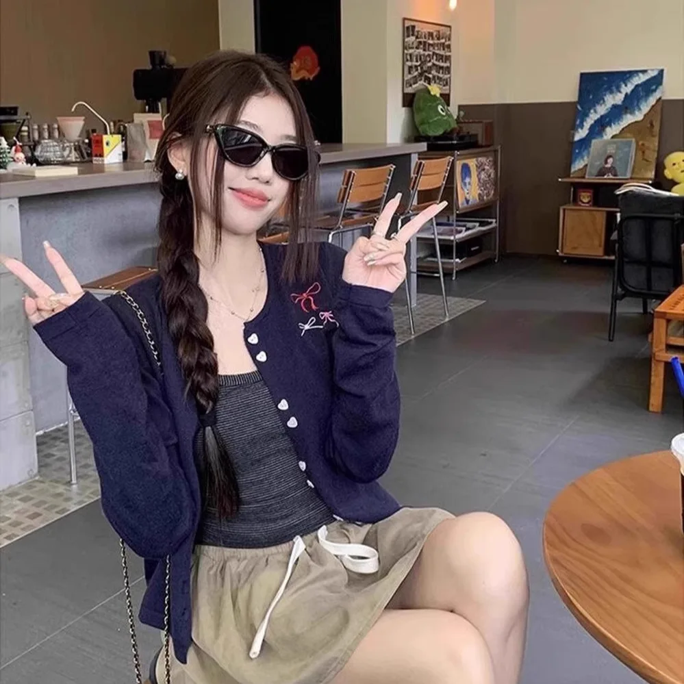 

Вязаный кардиган с вышивкой и декоративными узлами, тонкий, свободный, женский свитер-жакет, осенний, модный, повседневный, комфортный