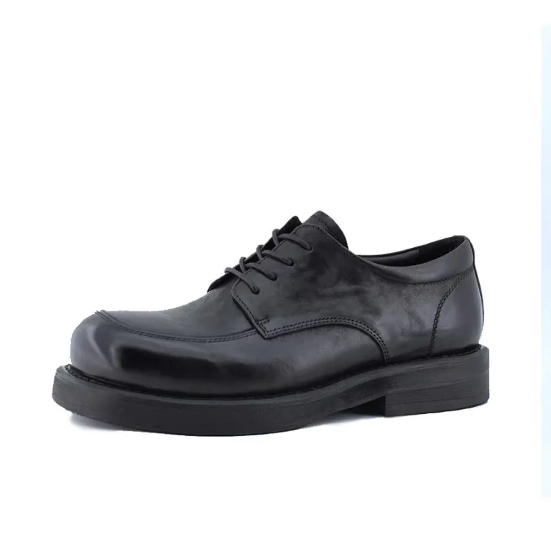 High Quality Washed Genuine Leather Shoes Men's Black Casual Lace Up Thick Soled Dress Office Wedding Single Shoes Male