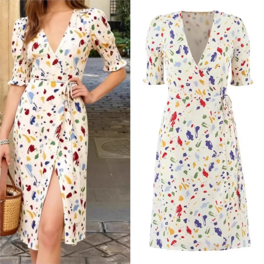 

2026 Casual Dresses For Ladies Dress For Wedding Vestidos A-line Temperament One Piece Color Colorful Slit Leace-up Slim V-link