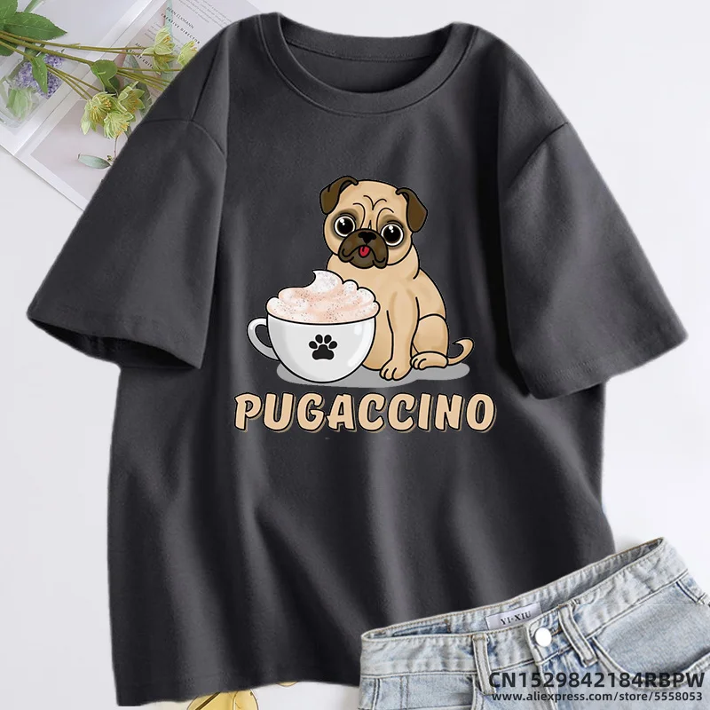 Pugaccino Cute Pug with Cappuccino T Shirt Women Summer Cotton Short Sleeve Tee Shirt Oversized Woman Clothing Woman\'s T Shirts