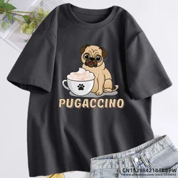 Pugaccino Cute Pug with Cappuccino T Shirt Women Summer Cotton Short Sleeve Tee Shirt Oversized Woman Clothing Woman's T Shirts