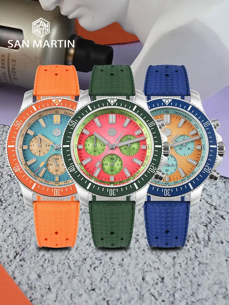 San Martin 40mm Diver Chronograph Watch Peacock SL-4801 Automatic Movement Luxury Men Mechanical Wristwatch Waterproof SN0118