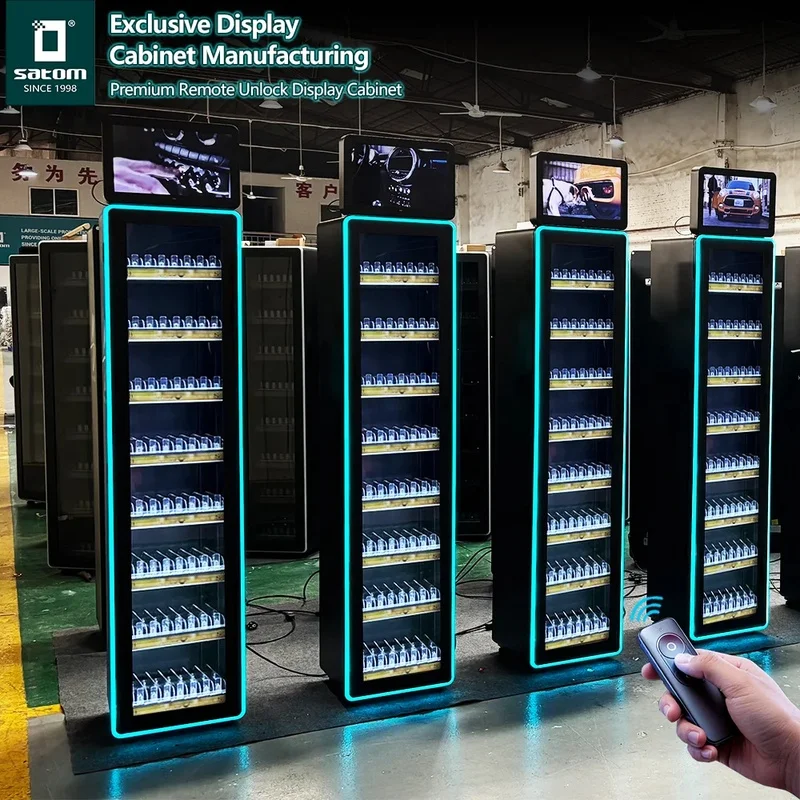 custom.Premium Remote Unlock Display Cabinet with Tempered Glass Door and LCD Screen
