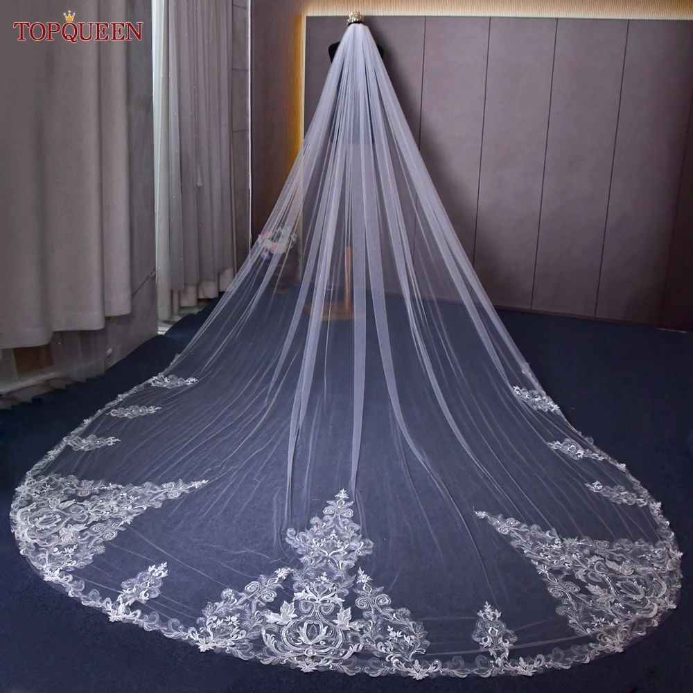 TOPQUEEN V147 Luxury Bridal Veil Long Wedding Veil 4M Lace Appliqued Sparking Wedding Cathedral Extra Long Royal Veu Soft Tulle