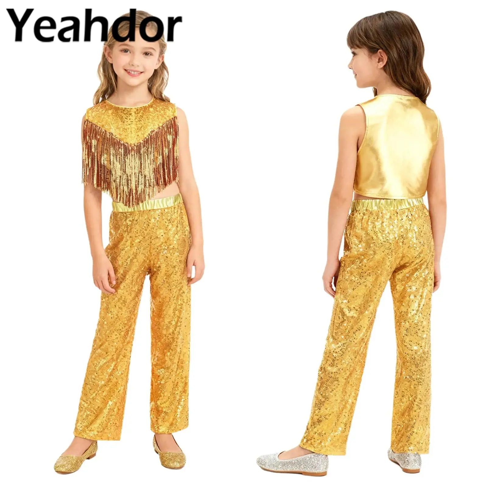 

Детские комплекты для диско-танцев 70-х годов для девочек, костюм для джазовых представлений, наряды для латинских танцев, топ с блестящими пайетками и струящиеся брюки, костюм