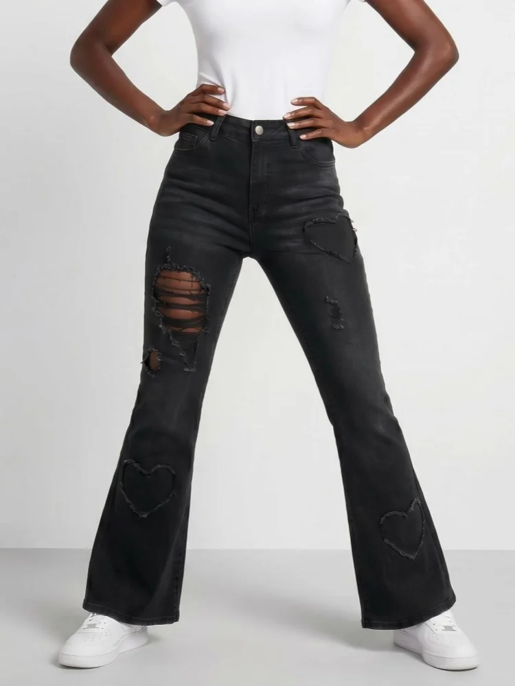2026 Cyber Y2K Streetwear Black Heart Patchwork Stretch Slim Ripped Flared Jeans Pants For Women Clothing Gothic Long Trousers