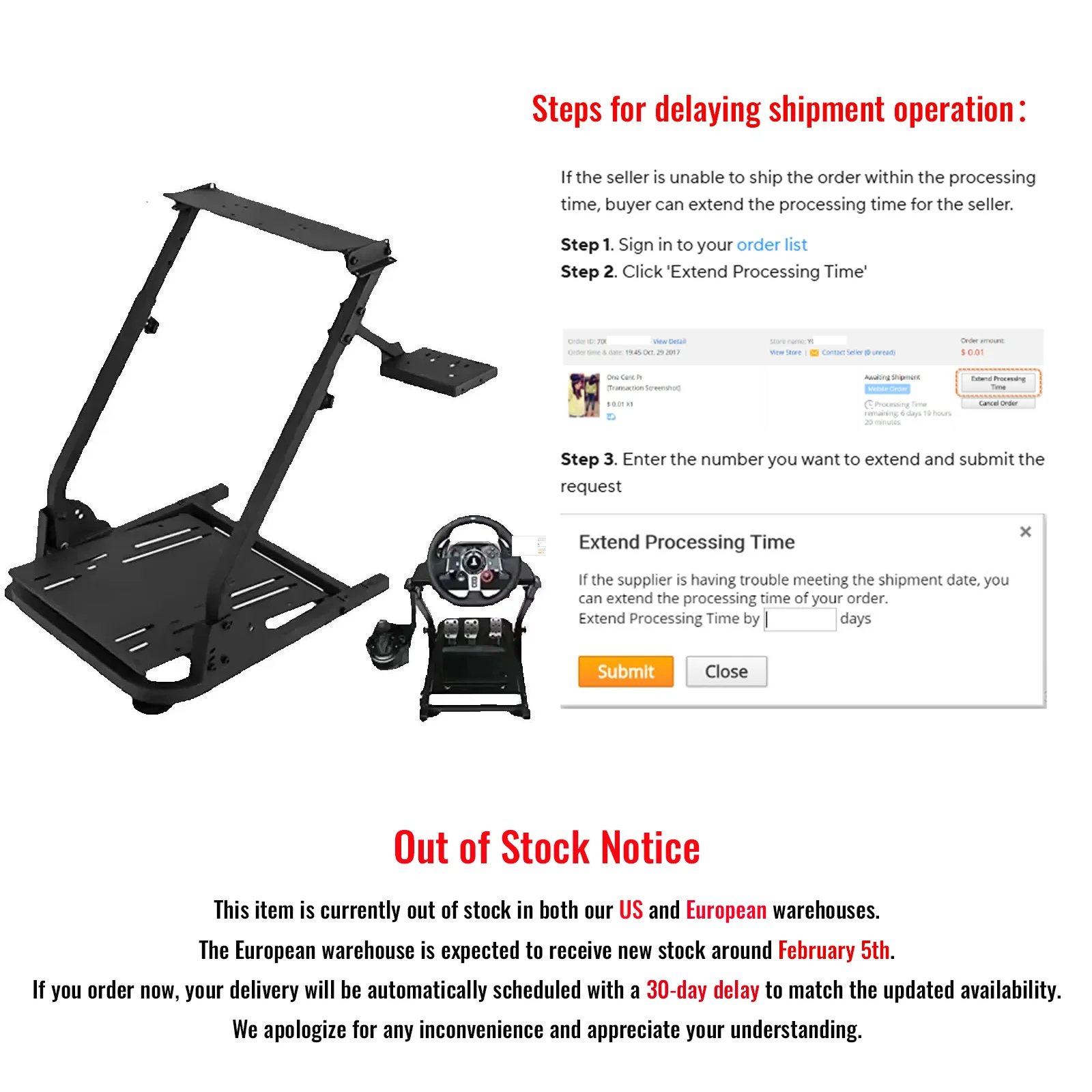 SIHAO Heavy‑Duty Racing Simulator Cockpit Stand, Gaming Steering Wheel Bracket with Shifter Mount for Logitech G29 G27 G25 G920