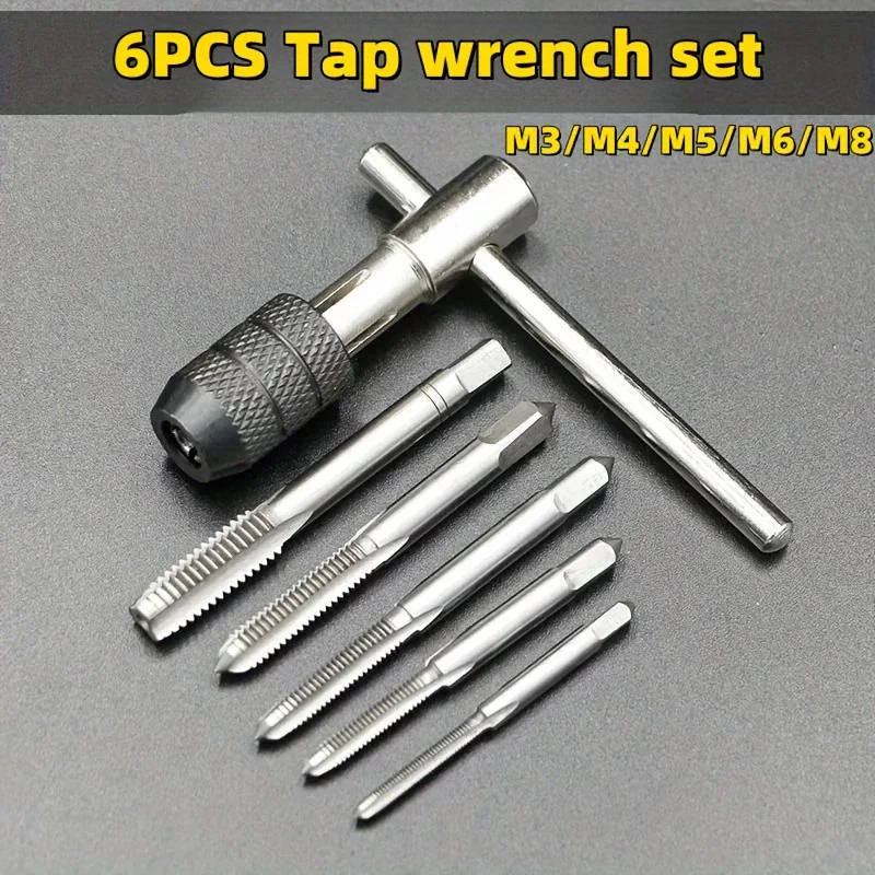 

Набор из 6 метрических метчиков, включая метчики, сверла и набор гаечных ключей с Т-образной ручкой, подходит для станков для нарезания резьбы M3-M8, спиральных сверл.