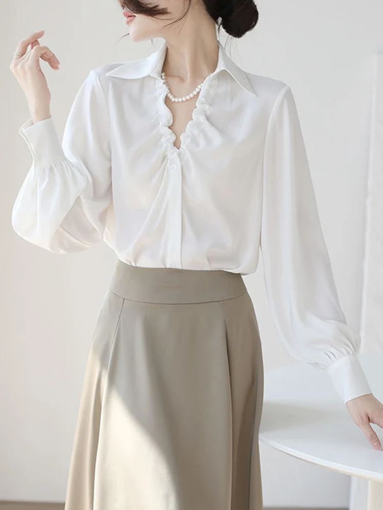 

Elegant Satin White Shirt Women Fashion Pleated V Neck Blouse Casual Korean Sweet Long Sleeve All Match Office Lady Tops