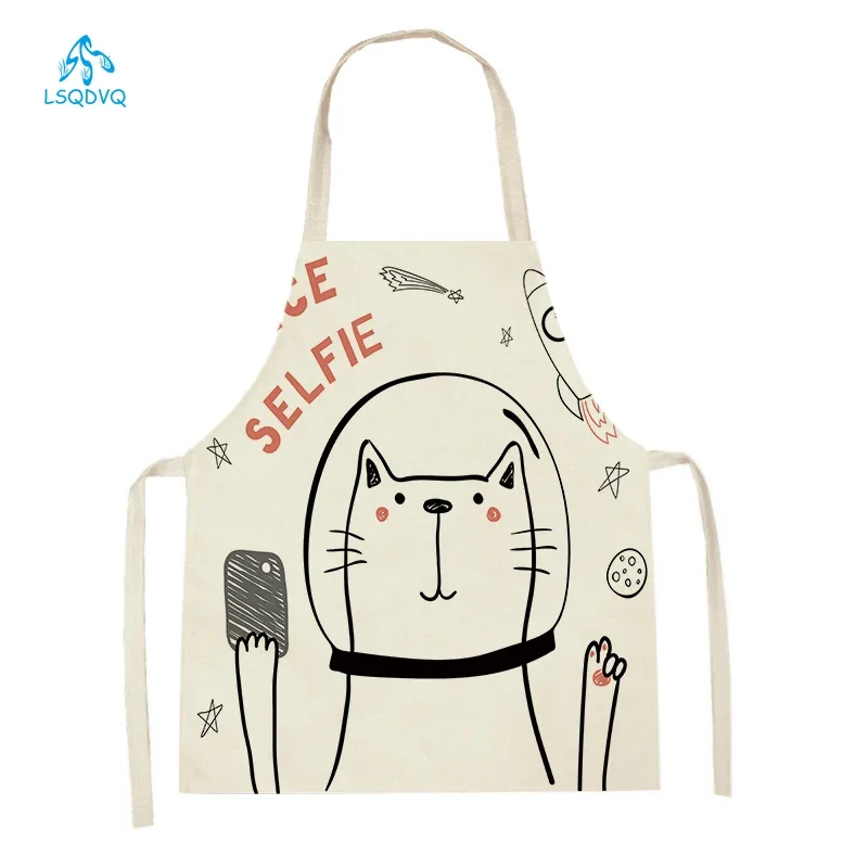 Animal Pattern Linen Sleeveless Kitchen Aprons Women Men Cooking Baking Waist Bibs Cat Sheep Cattle Printed Cleaning Tool Aprons