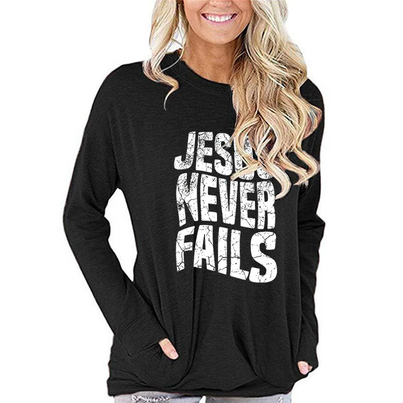 T Shirt Women Jesus Never Fails Print Fashion Tee Shirts Casual Round Neck Long Sleeve Streetwear Female T-Shirt Vintage Tops