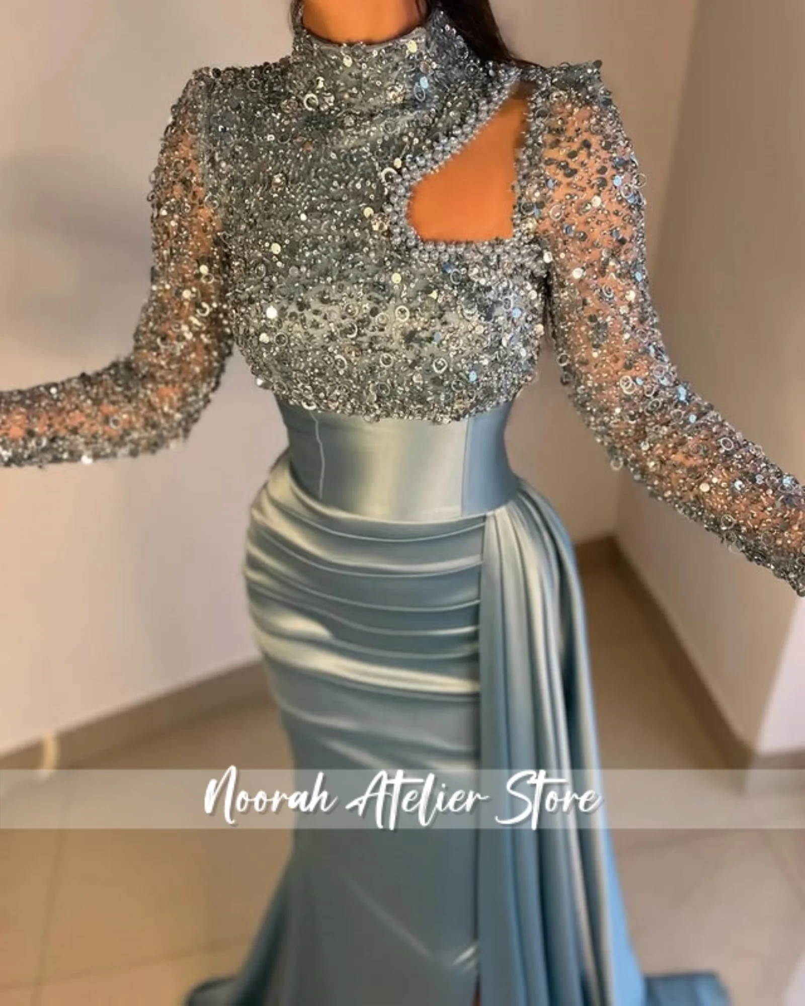 فساتين سهرة نسائية فاخرة بحورية البحر بأكمام طويلة لامعة باللون الأزرق H N 2025 دبي أنيقة طويلة للحفلات ذيل Vestidso مخصص