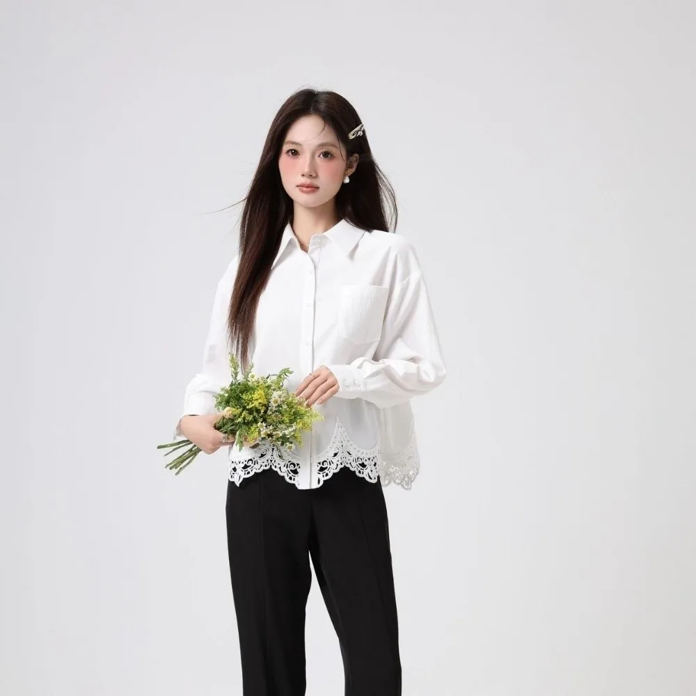 Irregular Lace Women's Plain Lace Shirt Leisure Lapel Streetwear Korean Style Blouse White Simple Lace Shirts Tops Travel