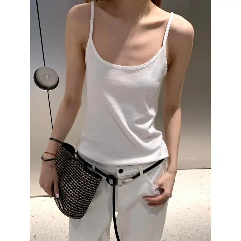 Maxdutti Southern France Elegant Minimalist Women's Lazy Cotton Lace U Neck Strap Tank Top For Women T-shhirt Woman Clothes