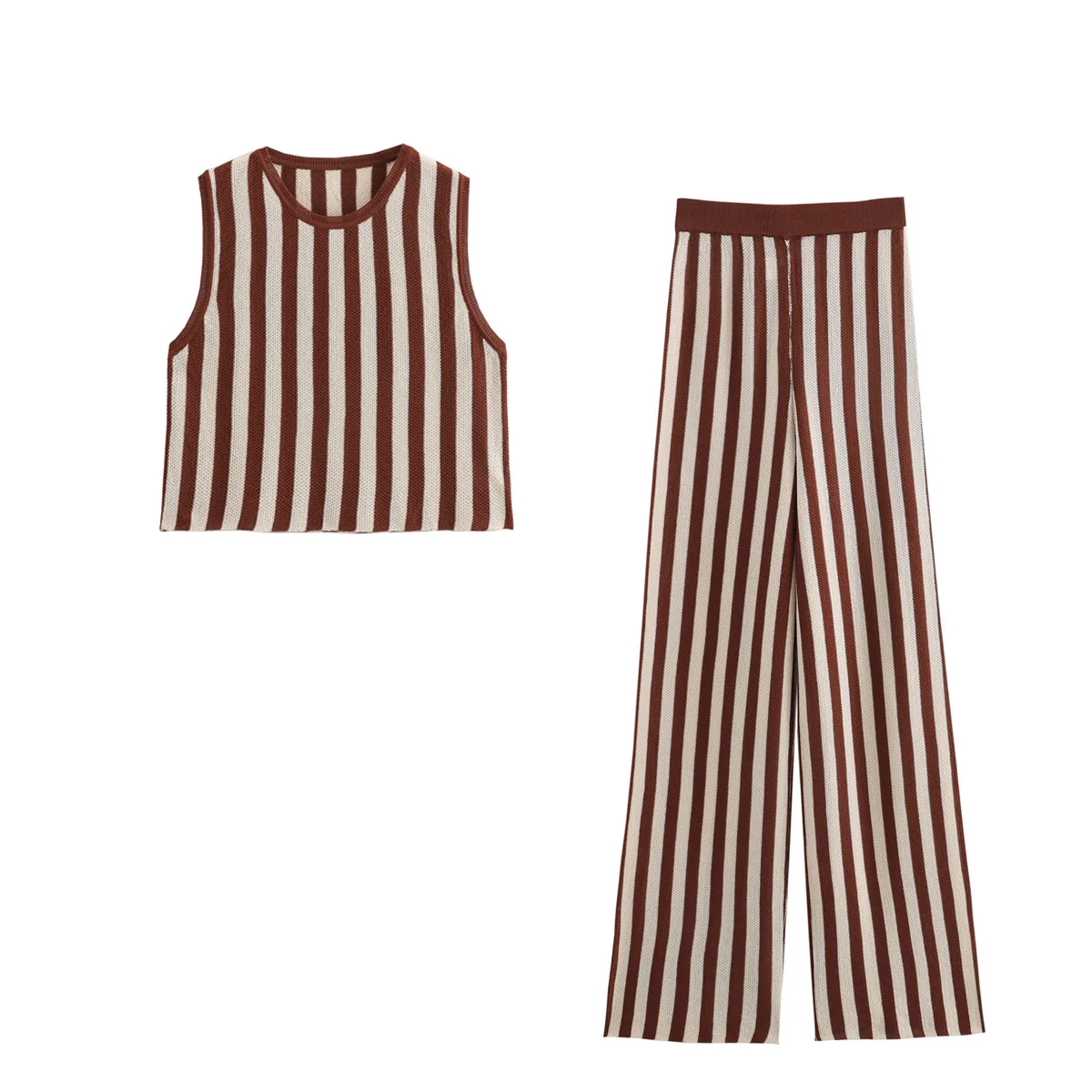 

Women's knitted wide-leg pants suit 2-piece set 2024 autumn new brown striped vest top suit two-piece suit women's wear