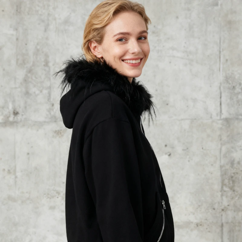 جديد أسود زيبر سبليت مطبوعة أفخم هوديي شارع العليا القوطية نمط موضة الاتجاه Harajuku ريترو فضفاض الخريف/الشتاء معطف دافئ #1