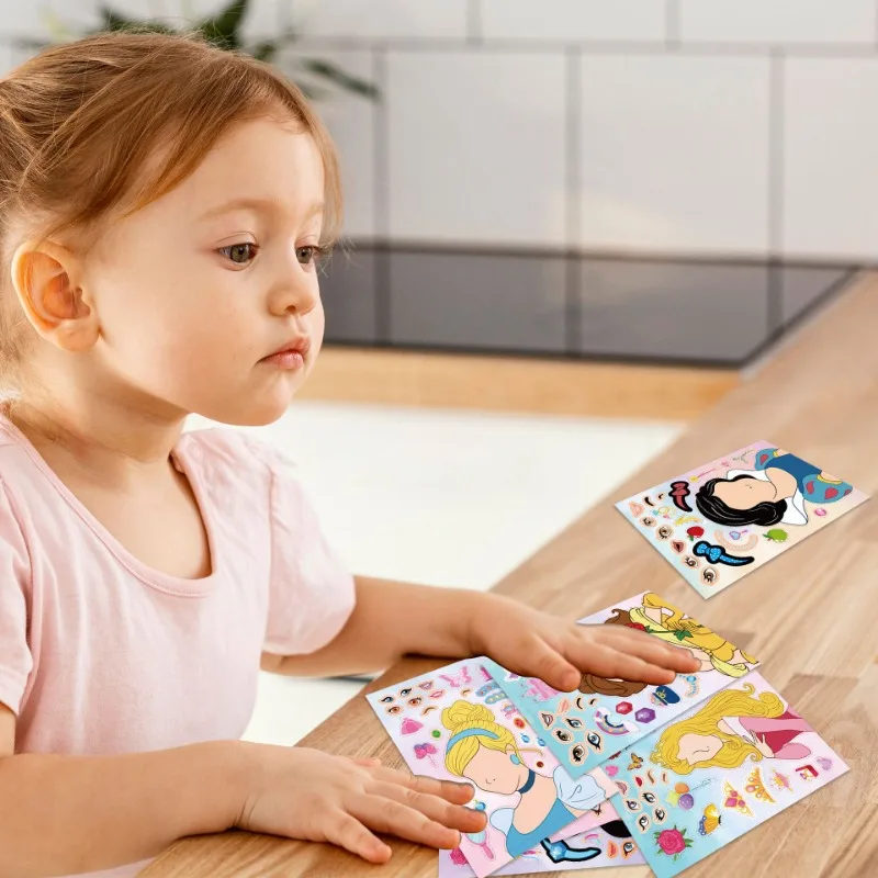 6 Sheets Disney Princess Kids DIY Puzzle Stickers Princess Face Funny Cartoon Assembly Stickers Kids Stickers Boys Girls Gifts