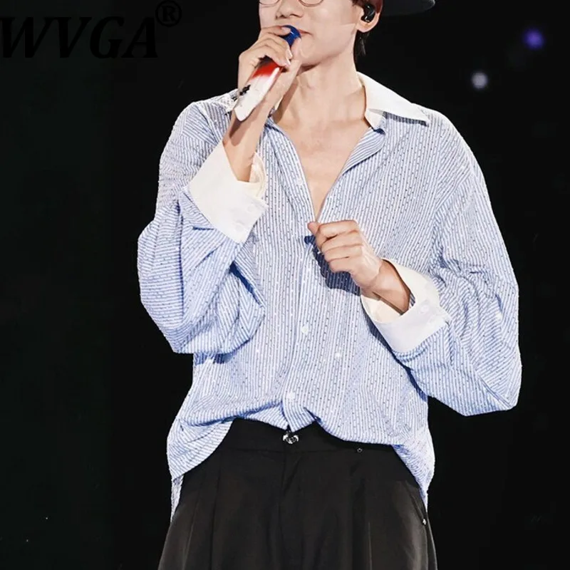 

WVGA New Men's Tide Spring Autumn Striped Trendy Long Sleeve Shirt Niche Chic Casual Turn-Down Collar Tops Ins Streetwear W18142