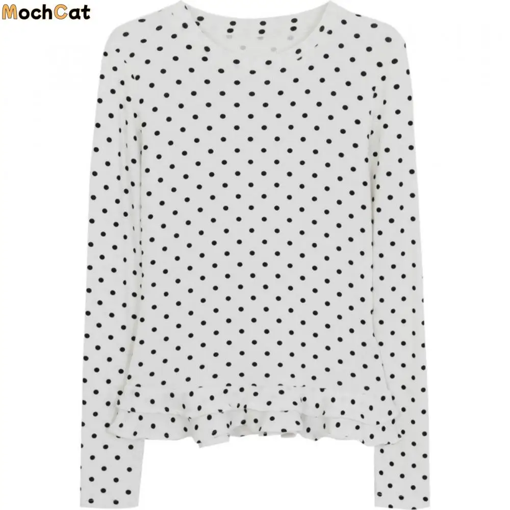 

Pullover Y2k Dot Long Sleeve T-shirt Round Neck Chic Ruffle Sweet Top Stylish Base Shirt Slim Fit T-Shirt Women