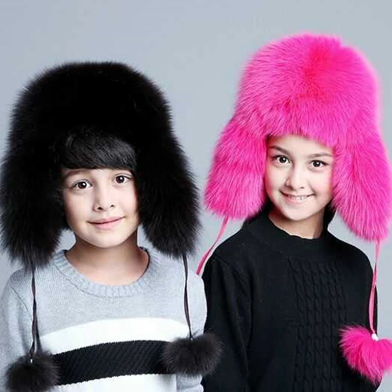 

Genuine Fox Fur hat Boy Girls Winter Caps with Earflap Warm Children bomber Hats Winter Fluffy Russian Hat