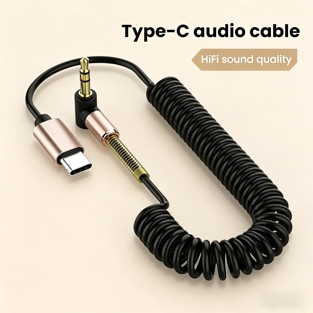 USB C to 3.5mm Jack Car Spring Retractable Audio Cable AUX Audio Cable Adapter For iPhone 16 Headset Speaker Type-C Converter