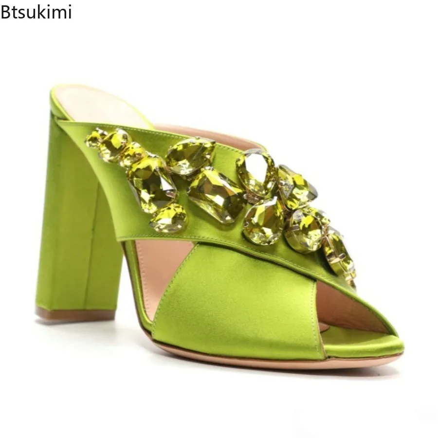 

2025 Summer Rhinestones Cross Strap Satin Sandals Sexy Fashion Party Wedding High Heels Casual Luxury Fish Mouth Women's Shoes