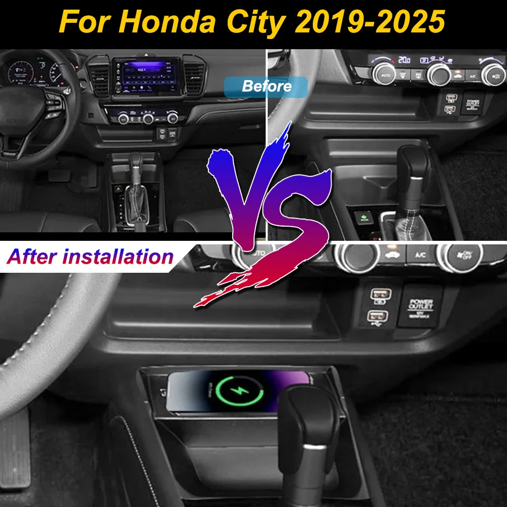 2Din for Honda City 2019-2025 Car Wireless Mobile Phone Charger Center Console Storage 18W iphone fast charge plate holder