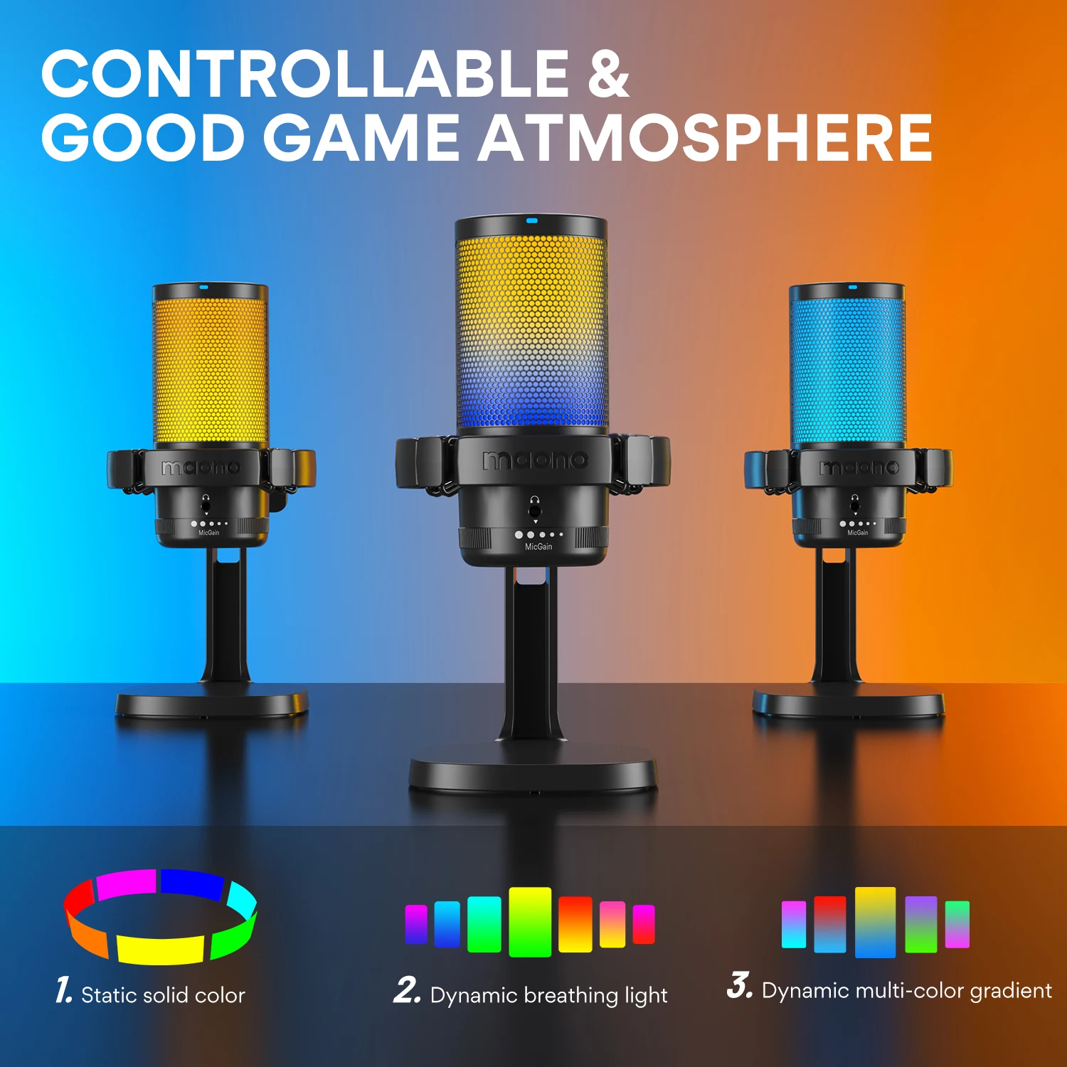 USB-микрофон Maono Gamerwave DGM20, игровой конденсаторный микрофон RGB, микрофон с шумоподавлением и усилением микрофона, разноцветный, одна кнопка для отключения звука