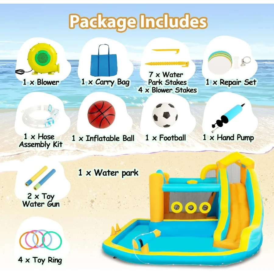 Tobogán acuático inflable para casa de rebote 8 en 1, parque acuático con soplador de 450W, pared de escalada, piscina con salpicaduras, cesta, cañón de agua genial