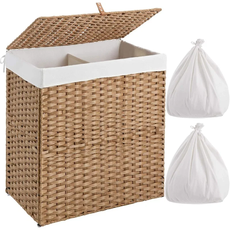 

Laundry Hamper with lid, No Install Needed, 110L Wicker Laundry Baskets Foldable 2 Removable Liner Bags, 2 Section Cl